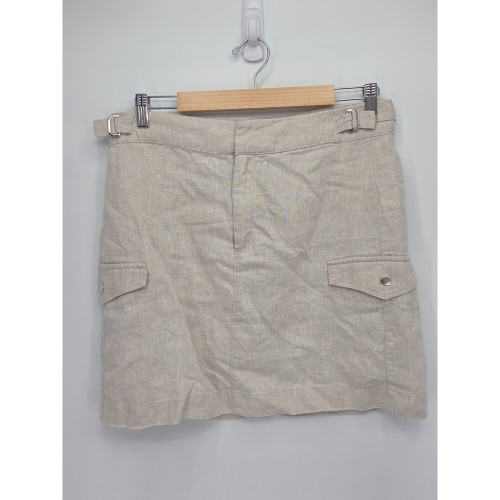 Athleta Voyager Linen Cargo Skirt Womens 10 Beige Utility Buckle